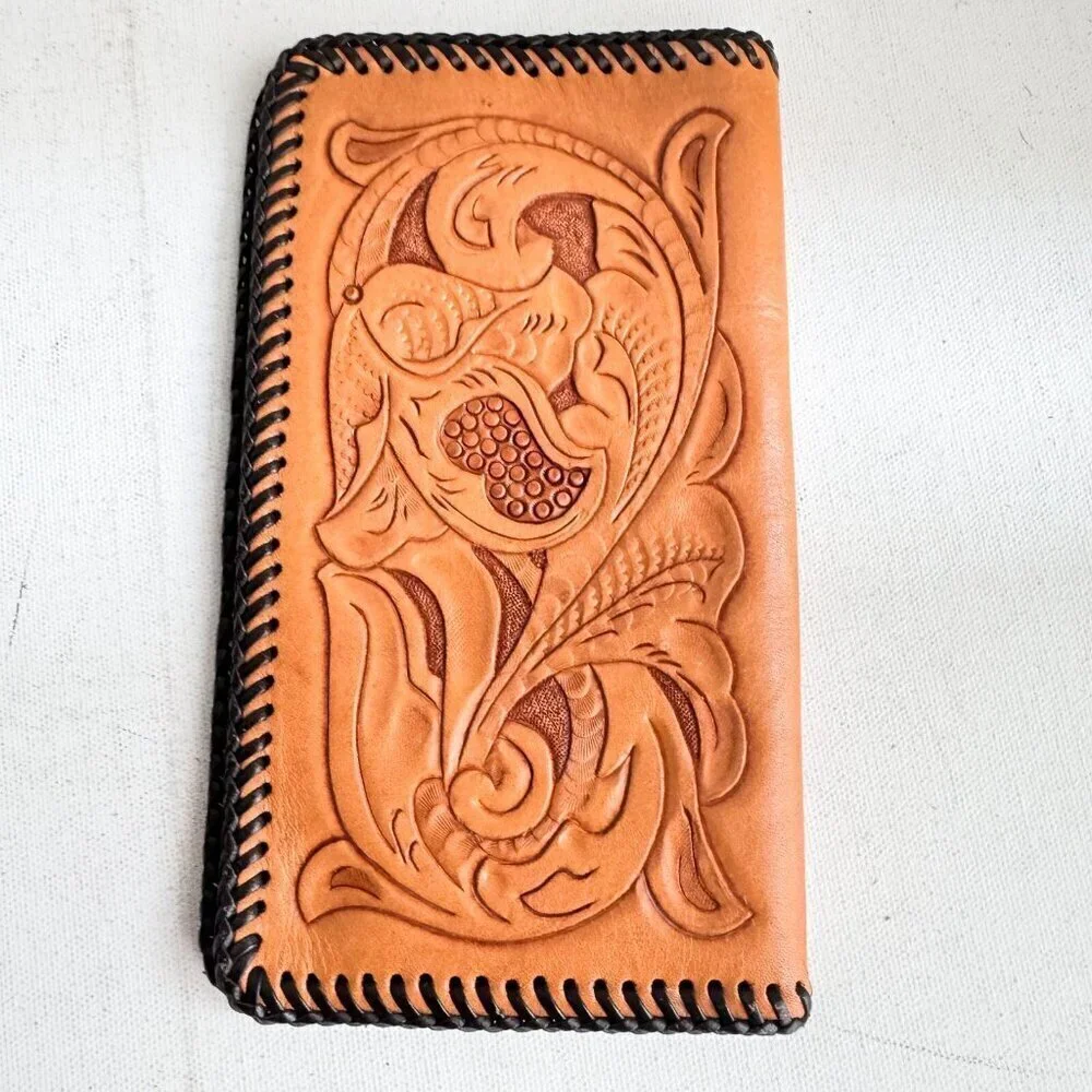 Vintage Hand Tooled  Brown Beige Bifold Wallet